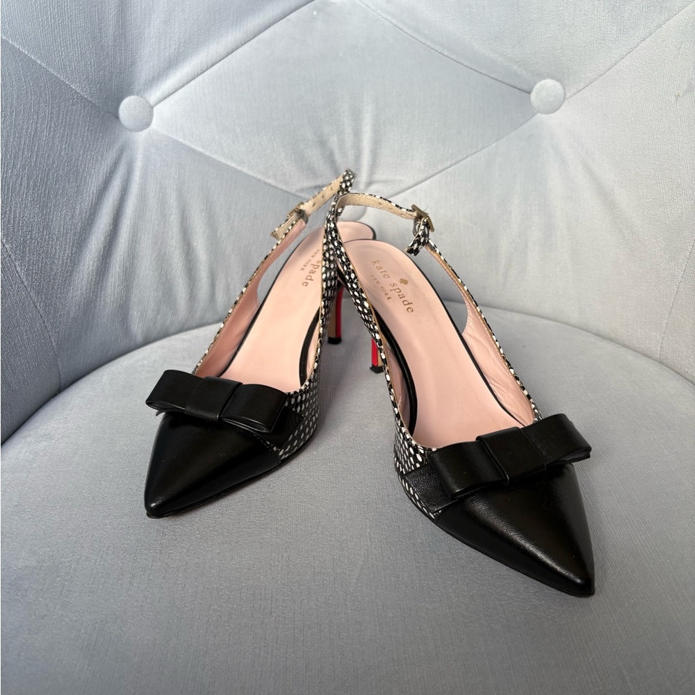kate spade Black and White Polka Dot Bow Slingback Heels - Picture 4 of 10